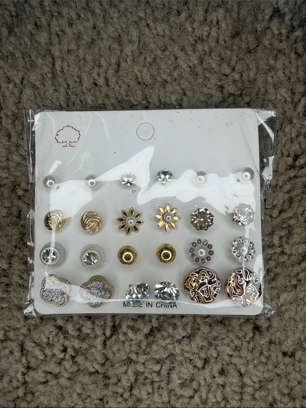 Gold and Clear Crystal Mixed Stud Earring Set - 12 Pairs
